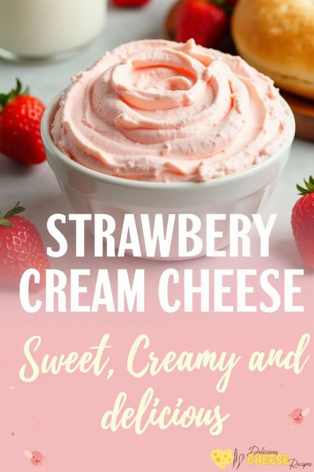 Strawberry cream cheese in a bowl, smooth and creamy, with fresh strawberries around.