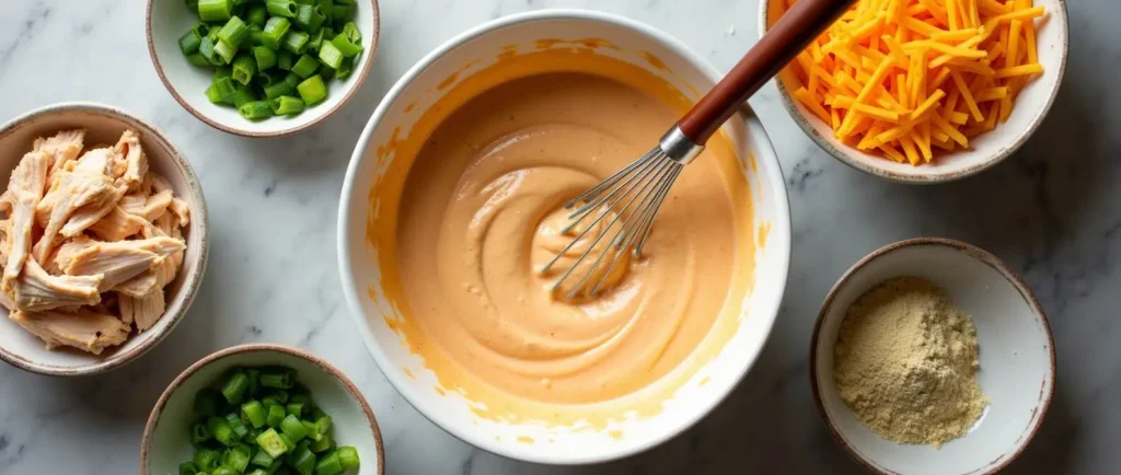 Mixing the creamy base for cottage cheese buffalo chicken dip with cottage cheese, buffalo sauce, and Greek yogurt