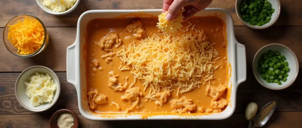 Assembling the cottage cheese buffalo chicken dip with shredded cheese on top before baking