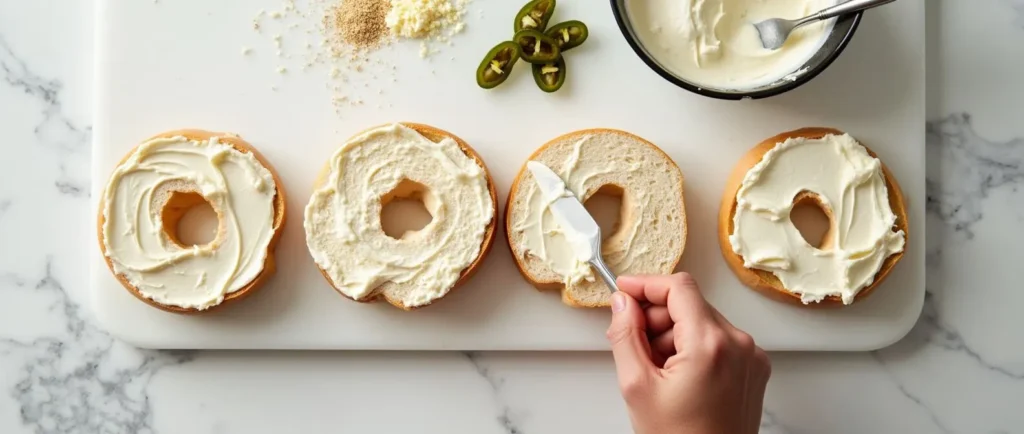 Spreading softened cream cheese evenly on bagels, preparing a delicious base for cheesy herb toppings