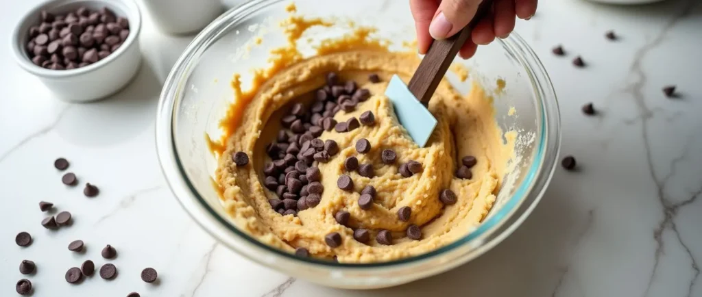 Folding sugar-free chocolate chips into cottage cheese cookie dough with a spatula in a glass mixing bowl