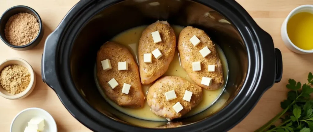 Chicken breasts in a Crock Pot, partially cooked, with cream cheese cubes melting into a creamy sauce for the Cream Cheese Chicken Crock Pot recipe