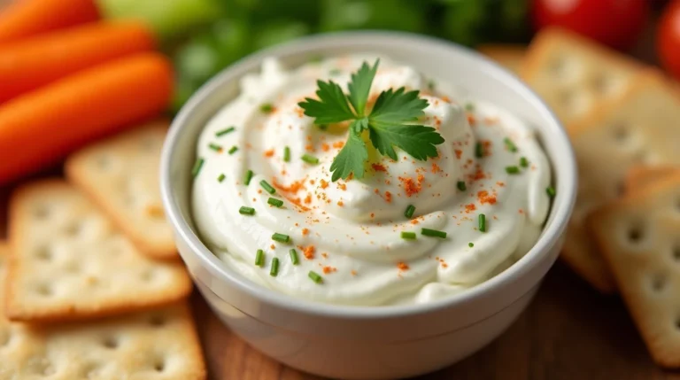 Fat free cream cheese in a white bowl, topped with parsley, chives, and paprika, served with crackers and carrots