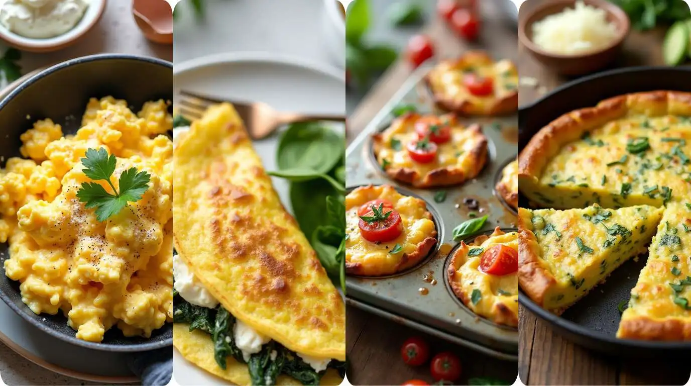 A collage of four delicious cottage cheese eggs recipes, ideal for breakfast