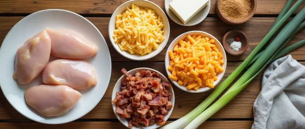 Ingredients for cream cheese chicken crock pot recipe, including chicken breasts, shredded cheese, bacon, and spices on a wooden table