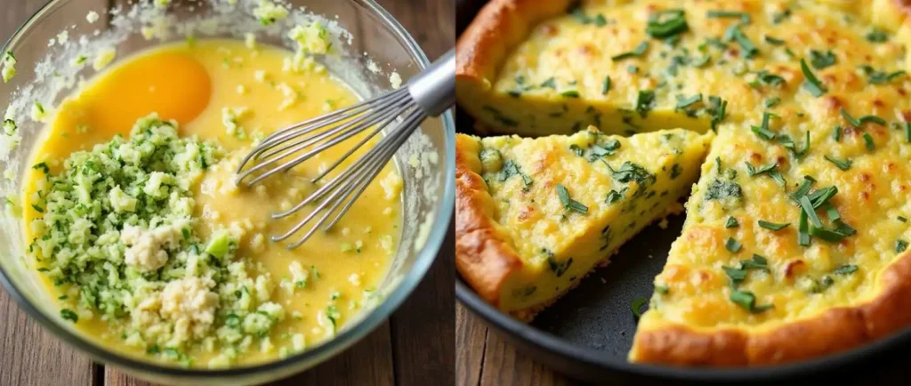 Golden-brown zucchini and cottage cheese frittata in a skillet, garnished with fresh herbs