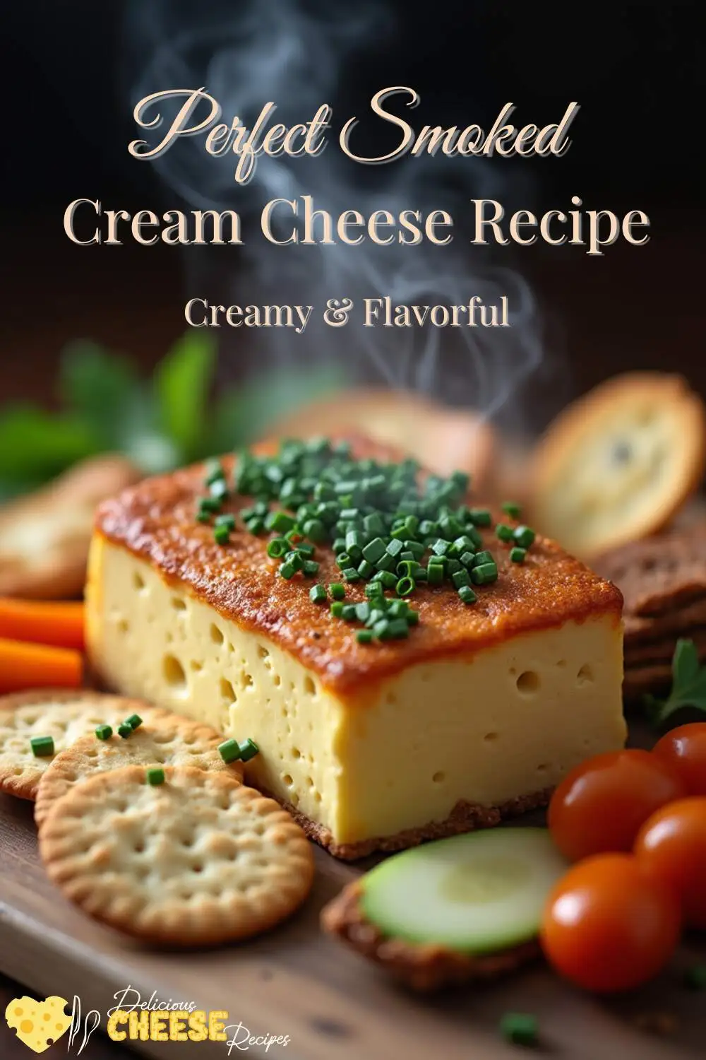 Perfect smoked cream cheese recipe garnished with fresh chives, served with crackers, cherry tomatoes, and cucumber slices, with a smoky finish in a warm, inviting presentation.