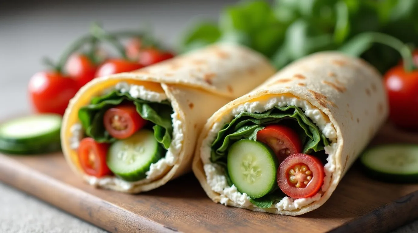 Fresh cottage cheese wrap with cherry tomatoes, cucumbers, and spinach toppings