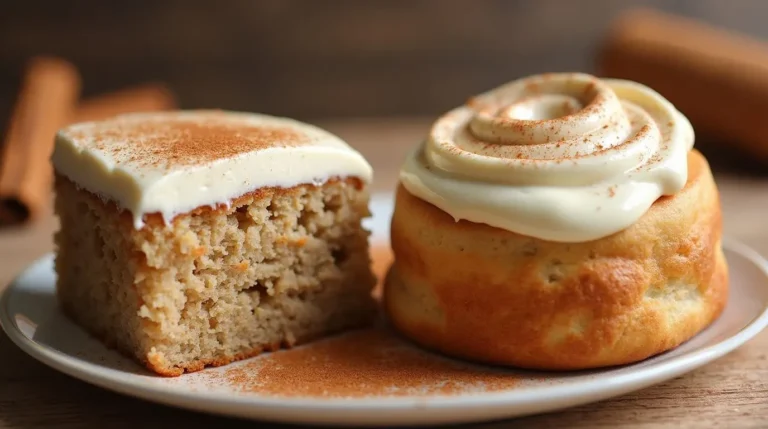 Cinnamon cake slice and cinnamon roll topped with smooth and creamy cinnamon cream cheese frosting, dusted with cinnamon powder