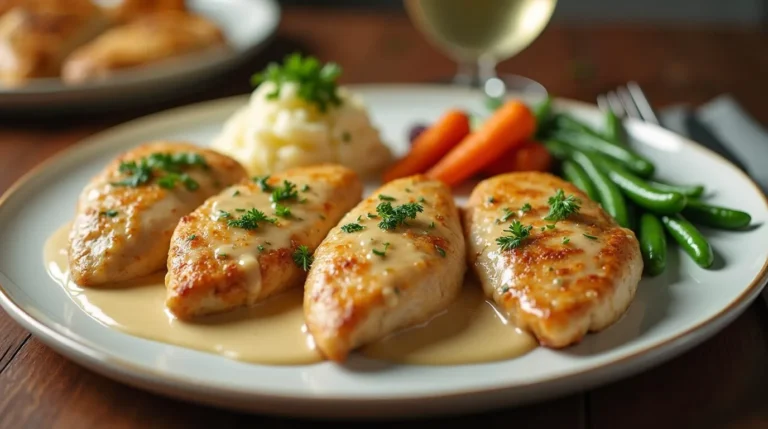 "Philadelphia Cheese and Chicken served on a plate with creamy sauce, mashed potatoes, carrots, and green beans