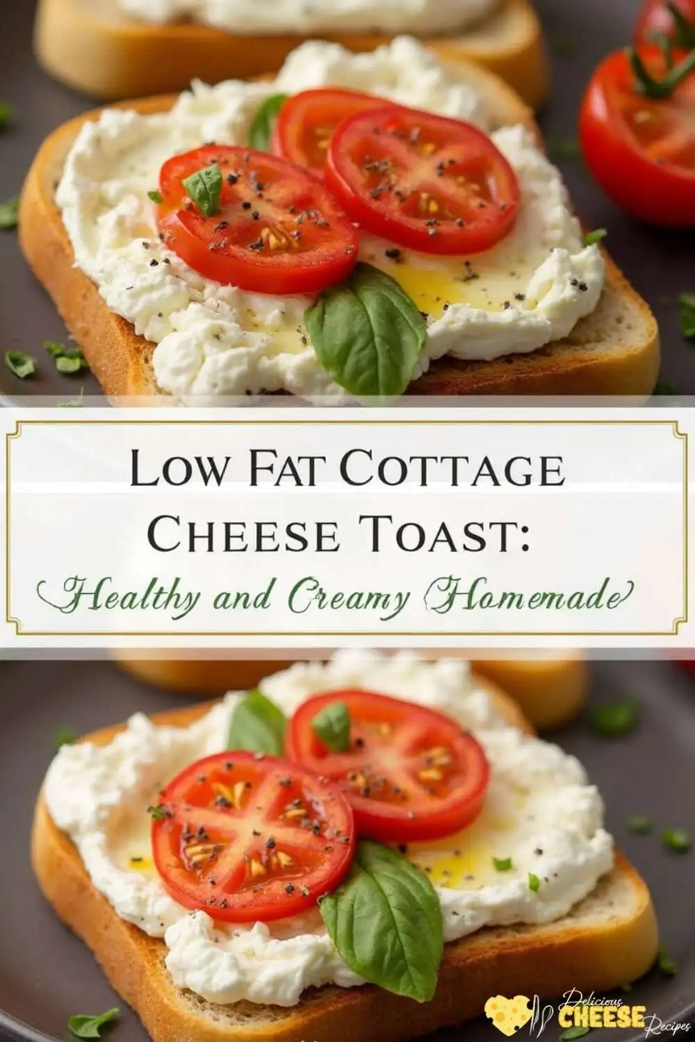 Low fat cottage cheese toast topped with fresh tomatoes, basil leaves, olive oil, and cracked black pepper for a healthy, delicious snack.