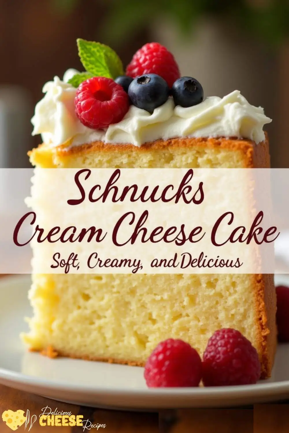 Slice of Schnucks cream cheese cake topped with whipped cream and fresh berries, highlighting its soft and creamy texture.