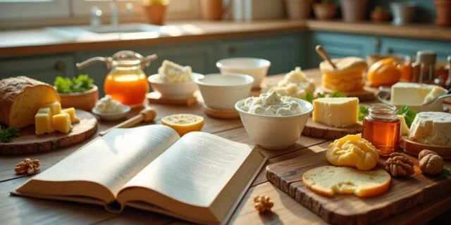 Cheese-based ingredients on a wooden table with cream cheese, cottage cheese, and an open recipe book – deliciouscheeserecipes